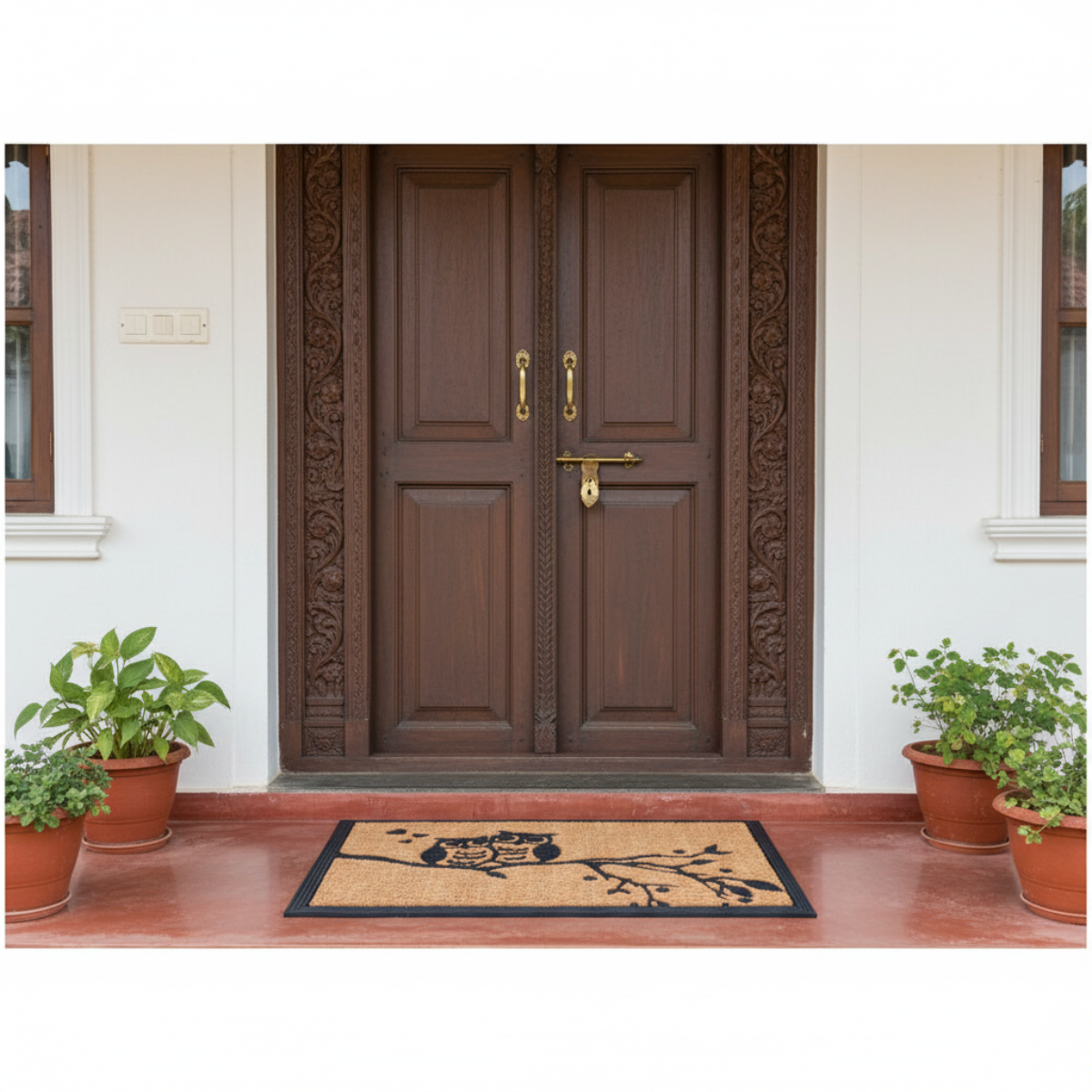 Wooden door with decorative carvings, gold handle, and doormat on a wooden floor with potted plants.