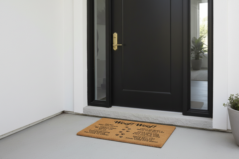 OnlyMat Woof Woof Dog Printed Natural Coir Doormat with Anti-Slip Backing