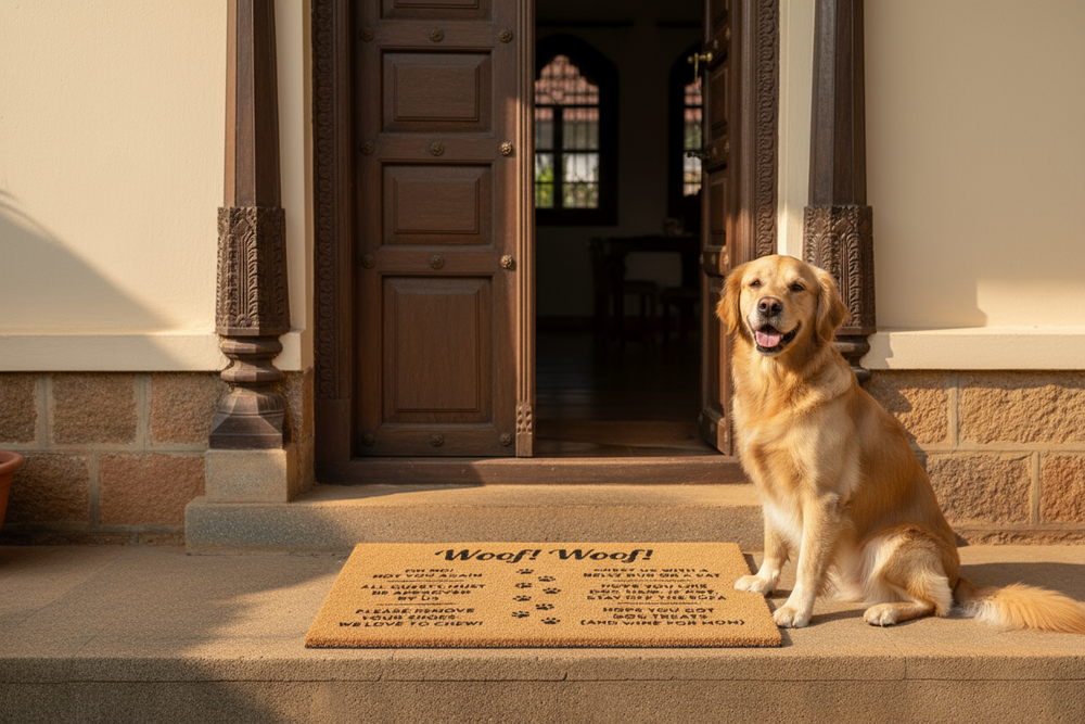 OnlyMat Woof Woof Dog Printed Natural Coir Doormat with Anti-Slip Backing