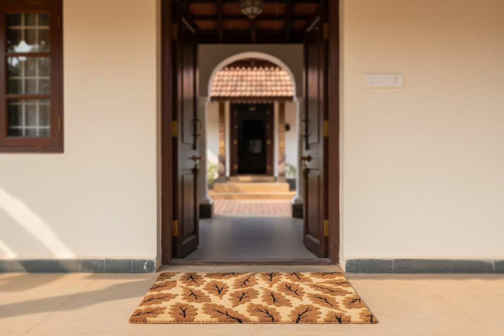 Open door leading to a hallway with a patterned doormat in front.