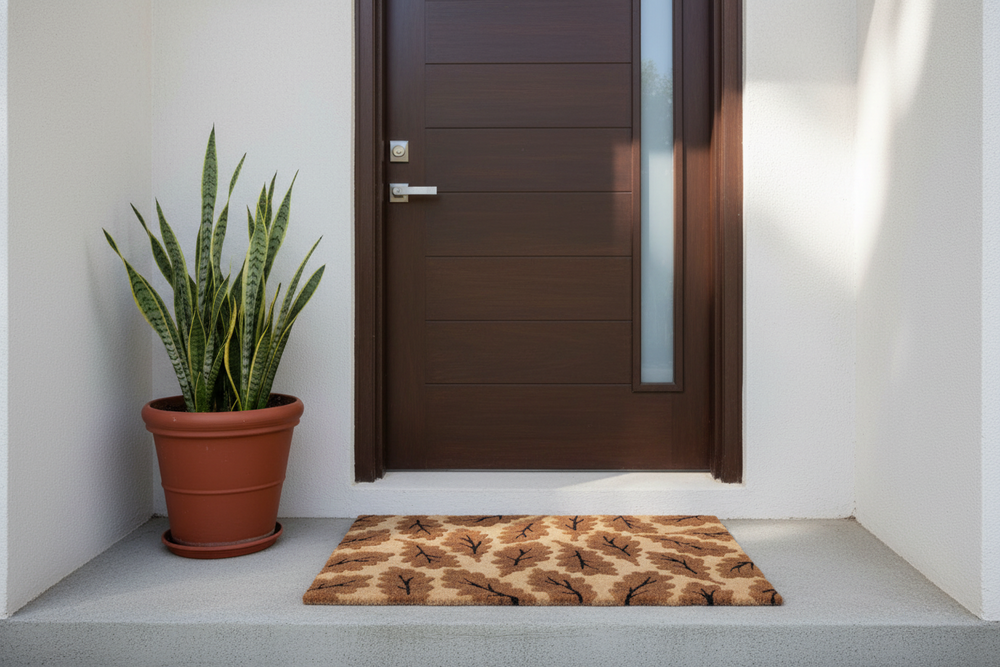 
                      
                        Brown door with a doormat and potted plant on a gray floor.
                      
                    