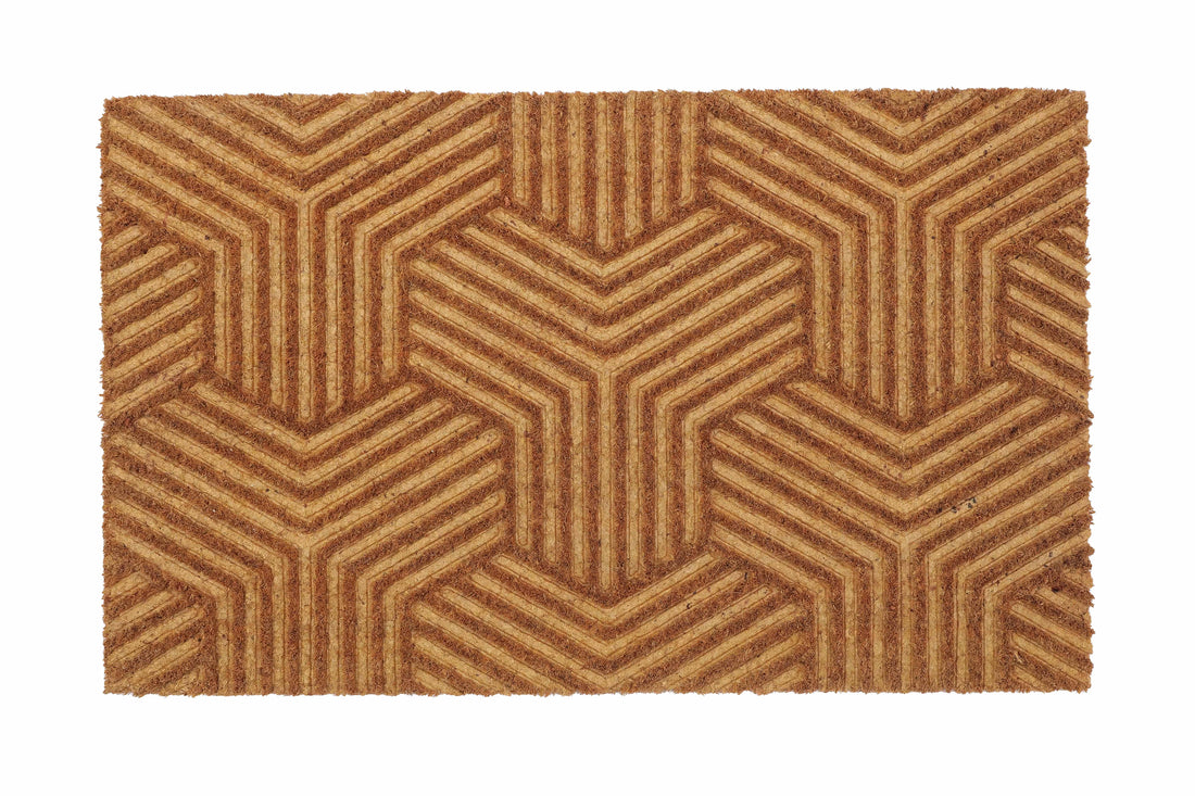A rectangular beige anti-skid impression design mat with a geometric pattern, suitable for use in a kitchen or as a doormat.