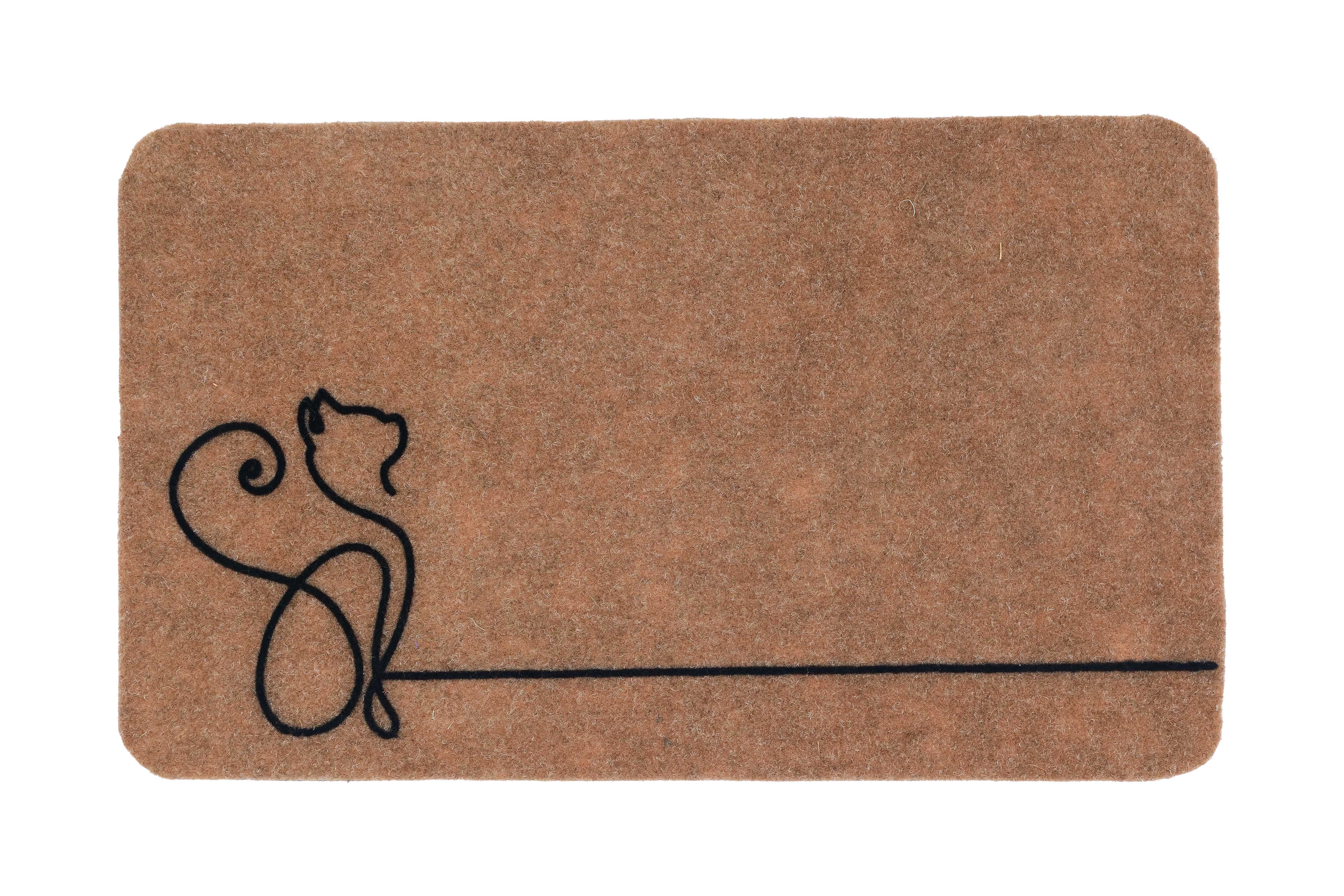 A beige rectangular mat with a doodle-style cat design in the center, on a white background.