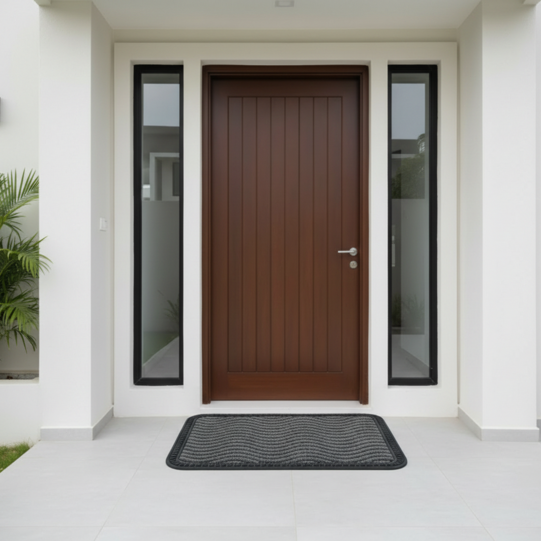 Modern house entrance with a brown door and black doormat.