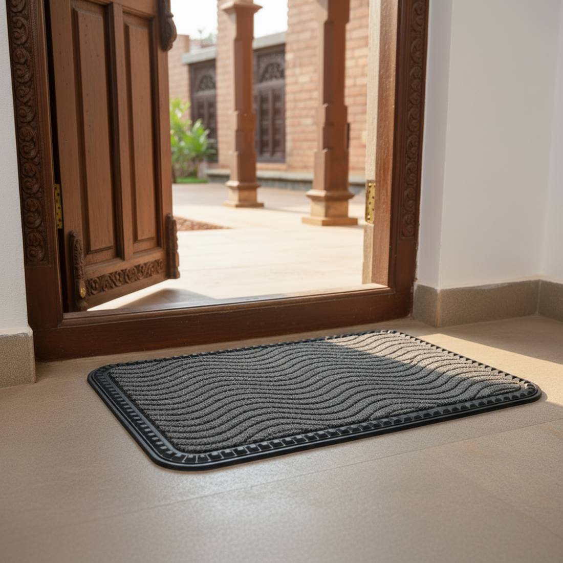 Gray doormat with wavy pattern on a wooden floor in front of an open door.