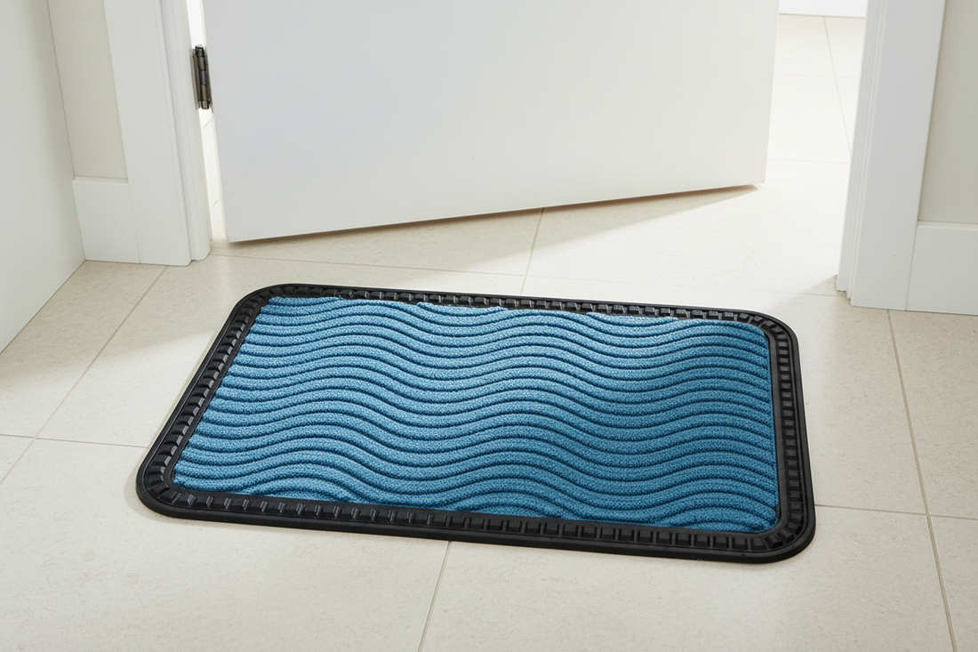 Blue textured mat on a tiled floor