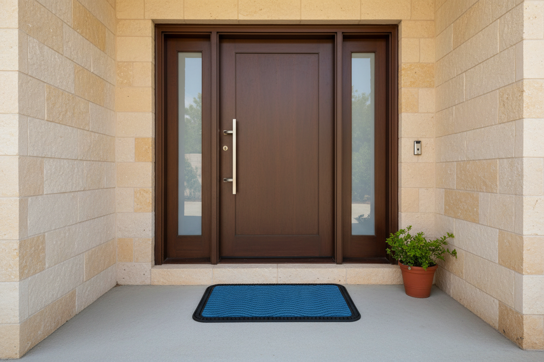Brown front door with glass panels on a stone wall background