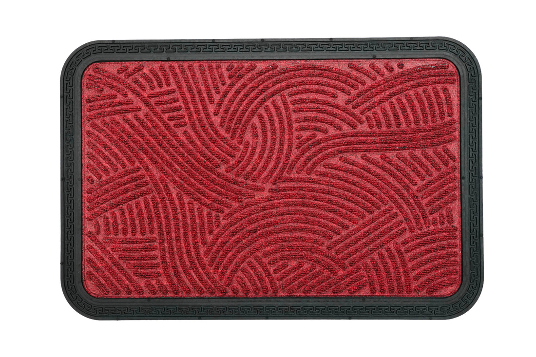 
                      
                        A red colored Mat with an anti-slip surface and a geometric pattern, suitable for entrance mats, placed against a white background.
                      
                    