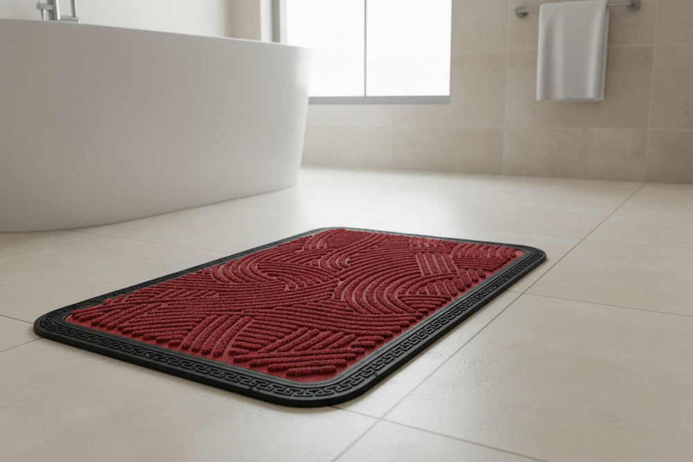Red bath mat on a bathroom floor with a white sink and towel in the background.