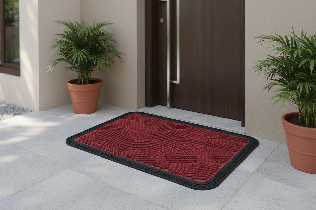 Red doormat with black border on a light gray floor outside a building entrance.