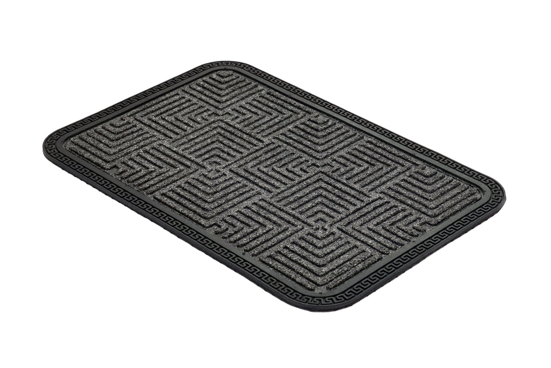 Gray doormat with geometric pattern on a white background
