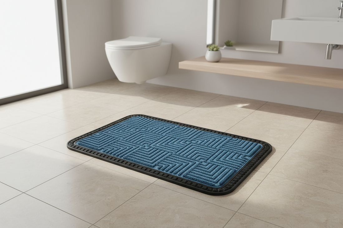 
                      
                        Blue bath mat on a tiled bathroom floor with a toilet and sink in the background.
                      
                    