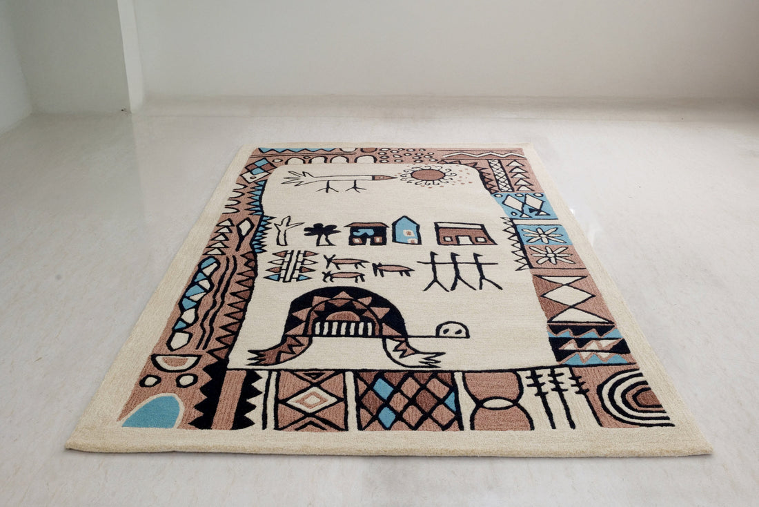 
                      
                        A hand-tufted bamboo silk rug with a modern geometric art design, displayed on a white background.
                      
                    