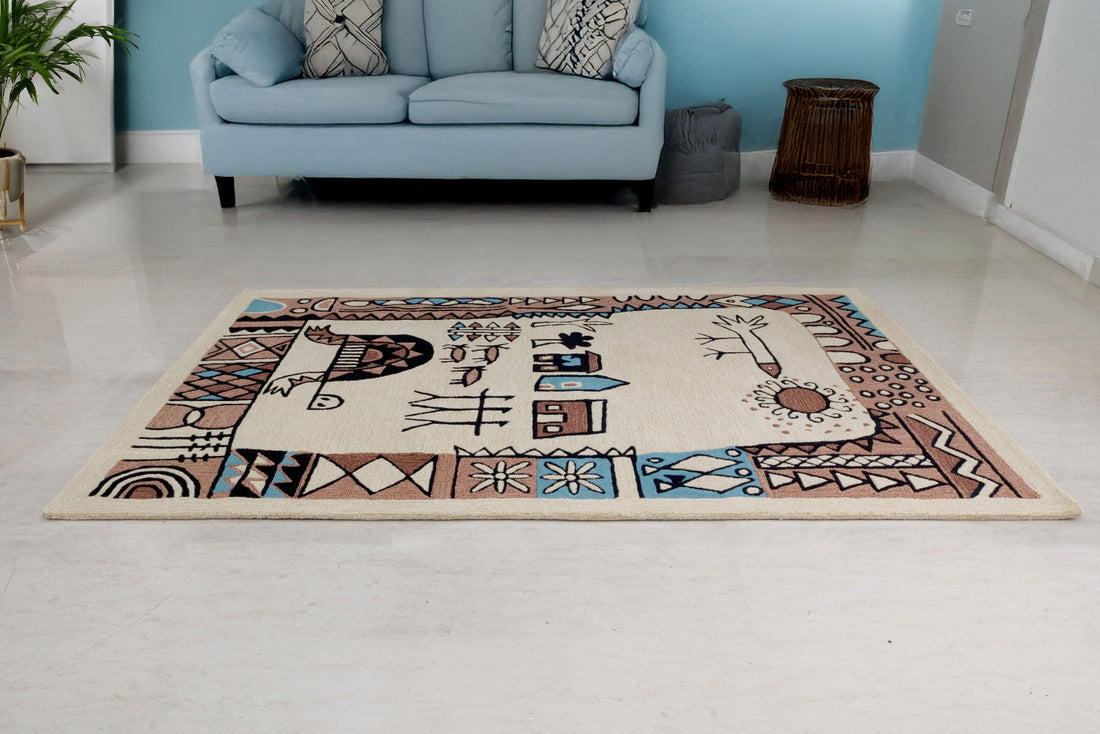 Decorative rug with geometric patterns on a light gray floor.