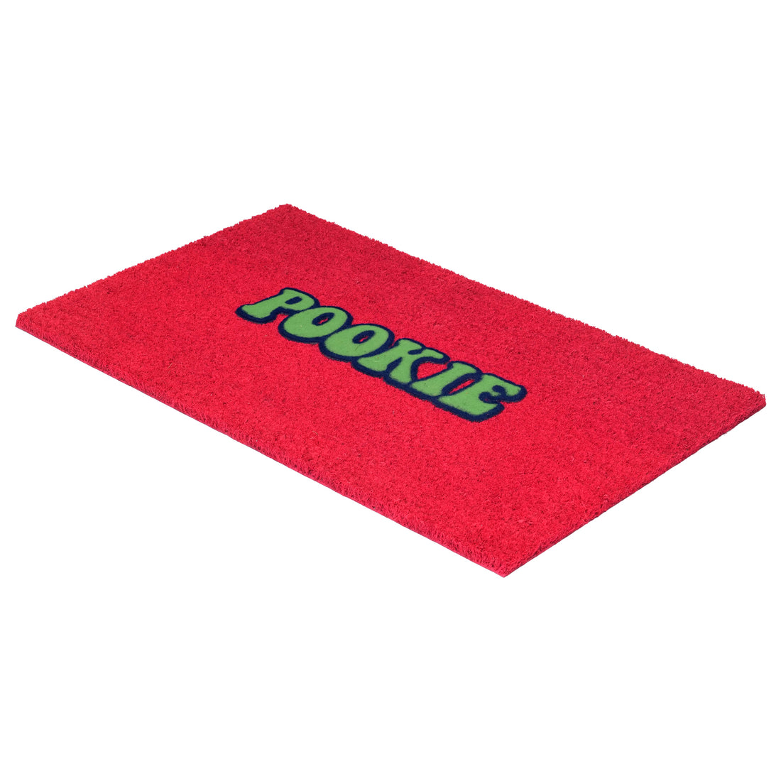 
                      
                        A red rectangular doormat with the word 'POOKIE' in green with a blue outline, shown on a plain white background.
                      
                    