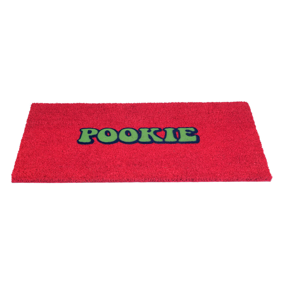 
                      
                        A rectangular red doormat with the word 'POOKIE' in green letters outlined in dark blue, shown on a plain white background.
                      
                    