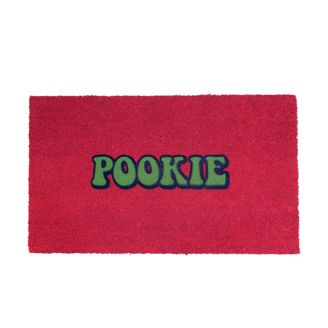 A rectangular red coir doormat with the word 'POOKIE' spelled out in green letters with a dark blue outline, centered on a white background.