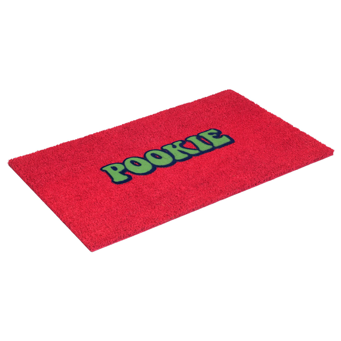 
                      
                        A red rectangular coir doormat with the word 'POOKIE' in green letters outlined in black, shown on a plain white background.
                      
                    