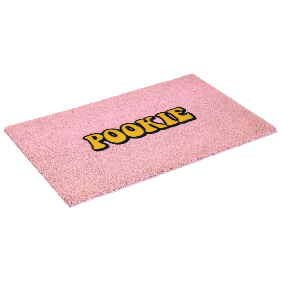 
                      
                        A pink rectangular doormat with the word 'POOKIE' printed across the center in bold yellow letters with a black outline, shown on a plain white background.
                      
                    