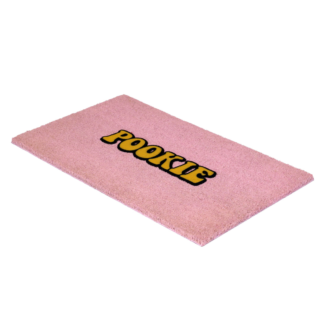 
                      
                        A rectangular pink doormat with the word 'POOKIE' in bold yellow letters outlined in black, shown on a plain white background.
                      
                    