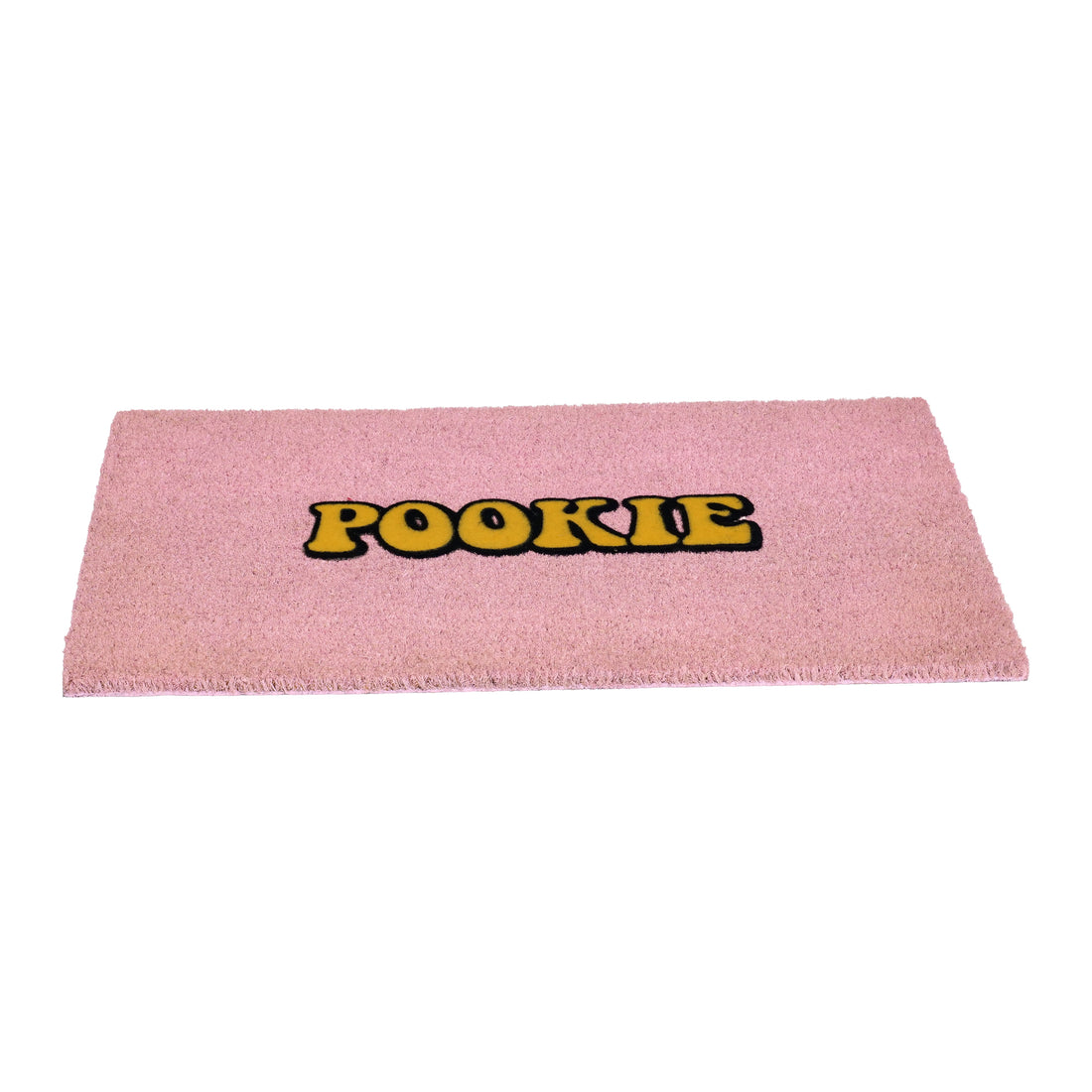 
                      
                        A rectangular pink doormat with the word 'POOKIE' in bold yellow letters outlined in black, shown on a plain white background.
                      
                    