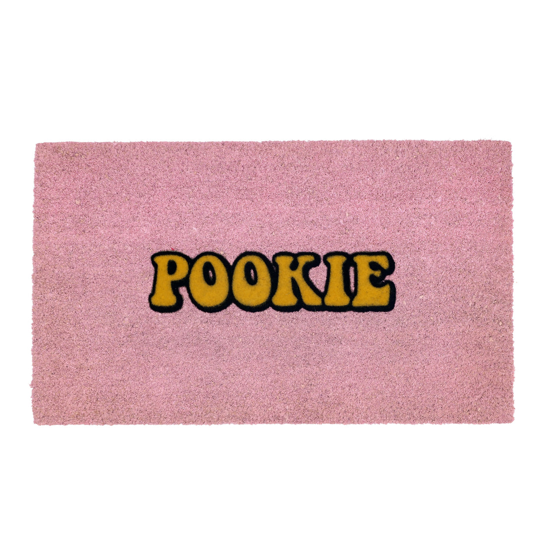 
                      
                        A rectangular pink coir doormat with the word 'POOKIE' printed across the center in bold yellow letters with a black outline, shown on a plain white background.
                      
                    