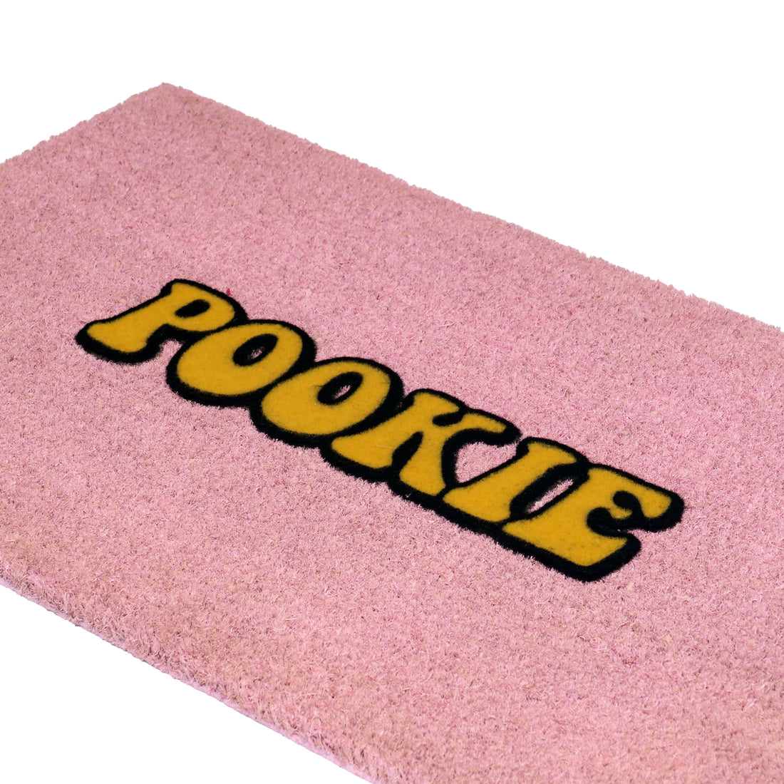
                      
                        A pink rectangular doormat with the word 'POOKIE' in bold yellow letters outlined in black, shown on a plain white background.
                      
                    