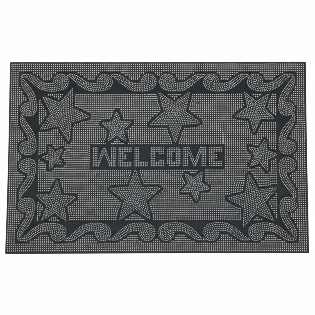 Black doormat with star designs and 'WELCOME' text on a white background
