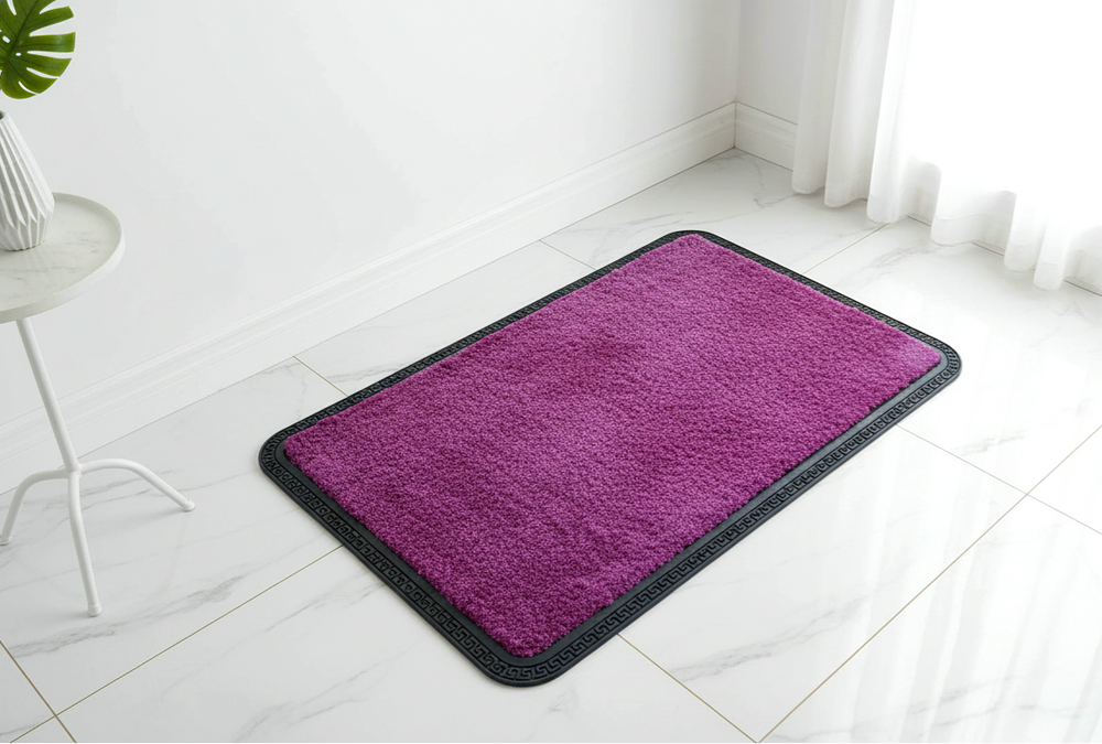 Purple rug on a white tiled floor with a plant and small table in the background