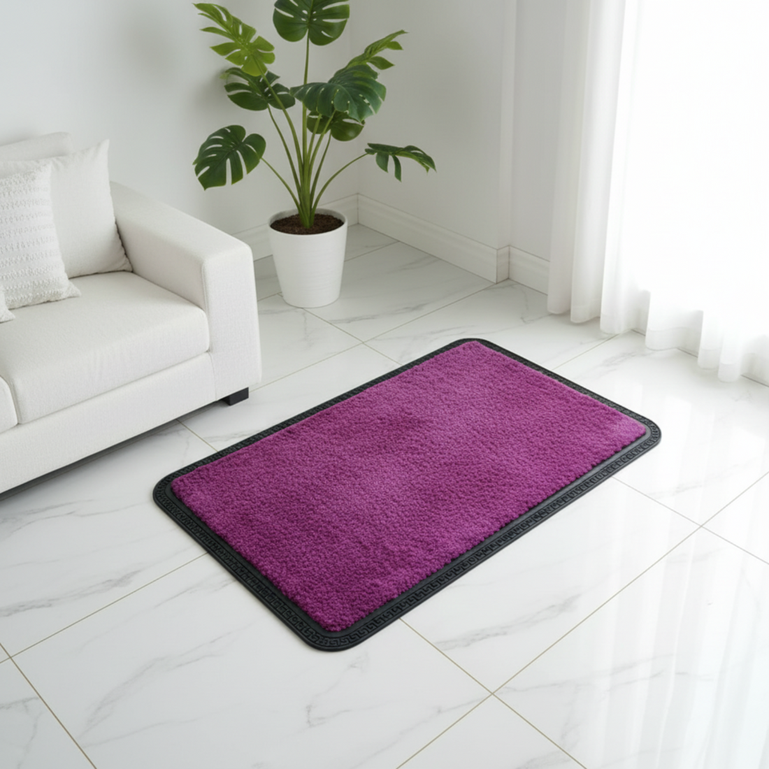 Purple rug on a white tiled floor with a plant and small table in the background