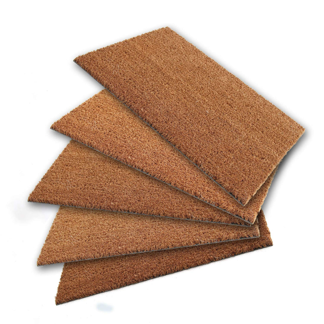Set of five brown coir doormats on a white background