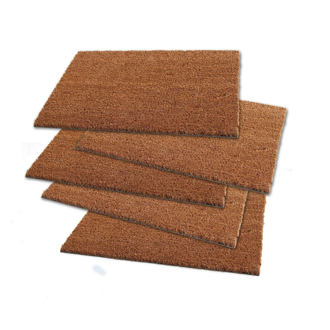 Five brown coir doormats on a white background