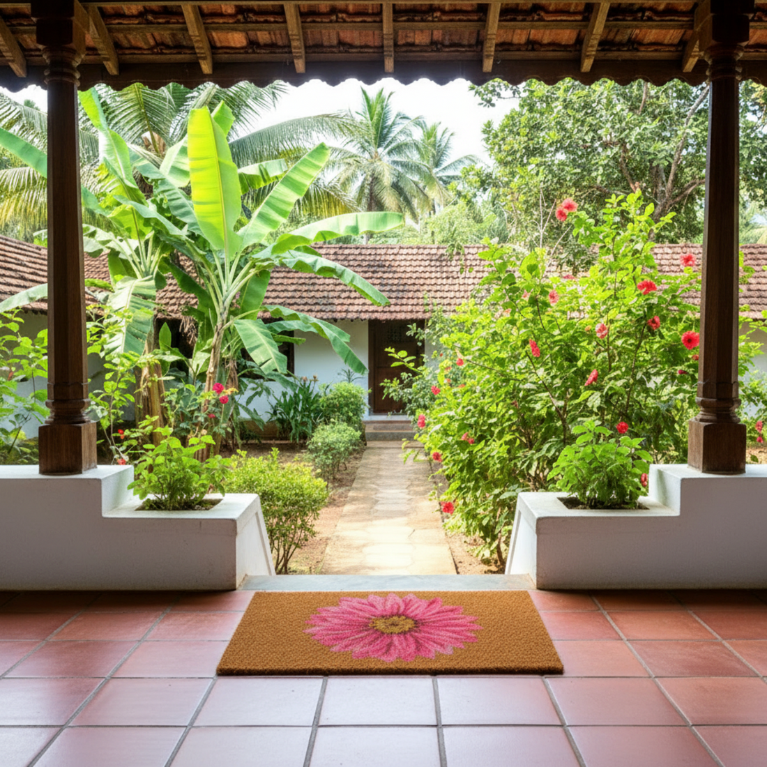 Front porch with a coir doormat featuring a pink flower design, leading to a garden with greenery and flowers.