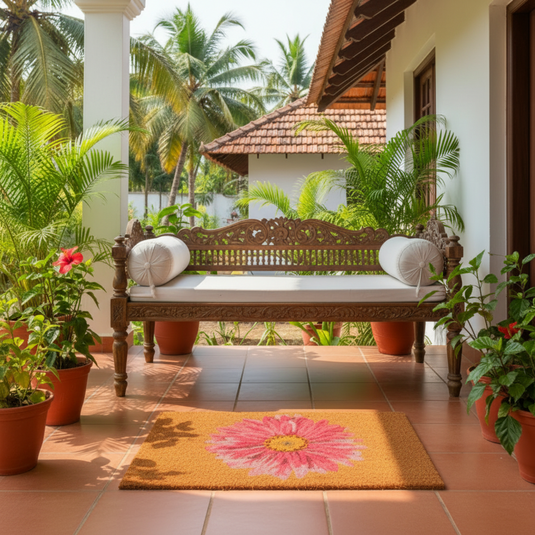 
                      
                        Wooden carved bench with white cushions on a patio with plants and a pink flower coir mat.
                      
                    