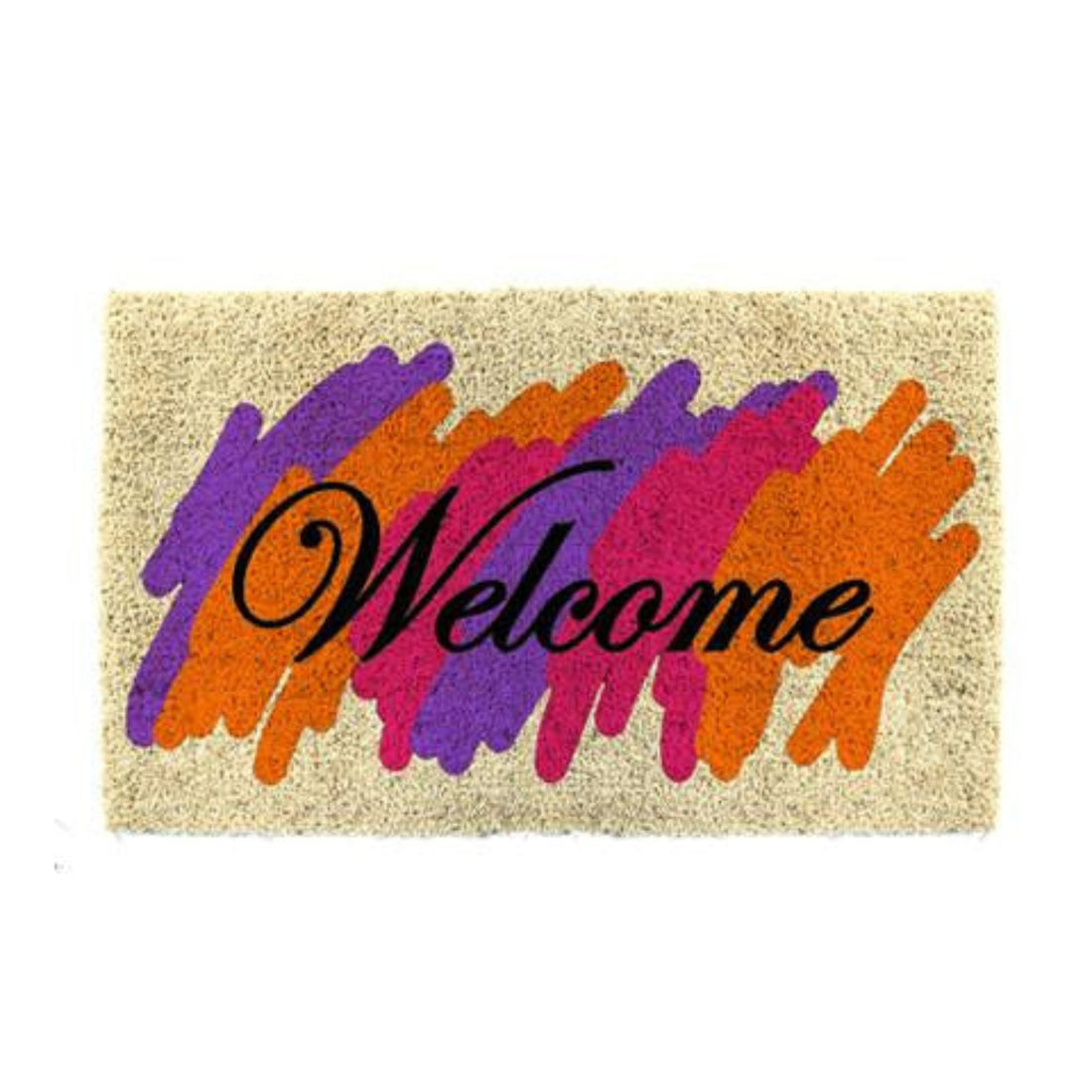 Doormat with colorful handprints spelling 'Welcome' on a beige background