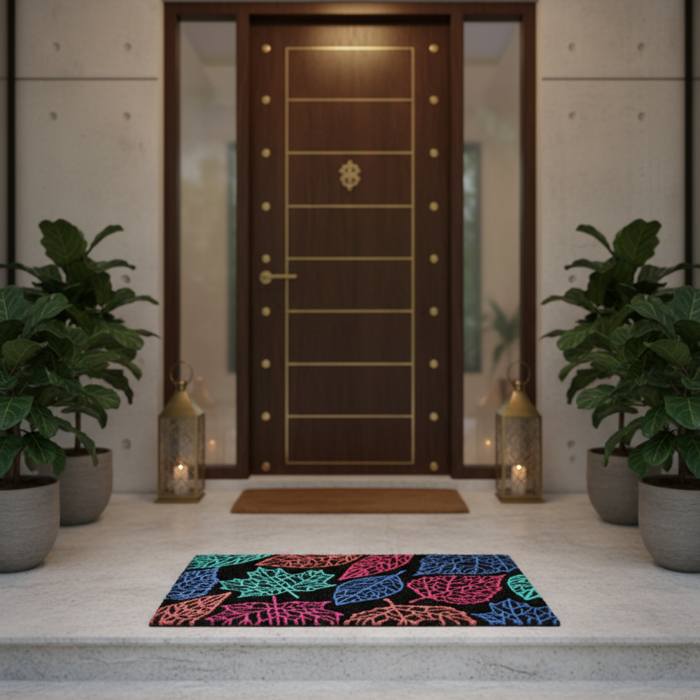 ओनलीमैट मल्टी कलर लीफ प्रिंटेड ब्लैक नेचुरल कॉयर डोर मैट