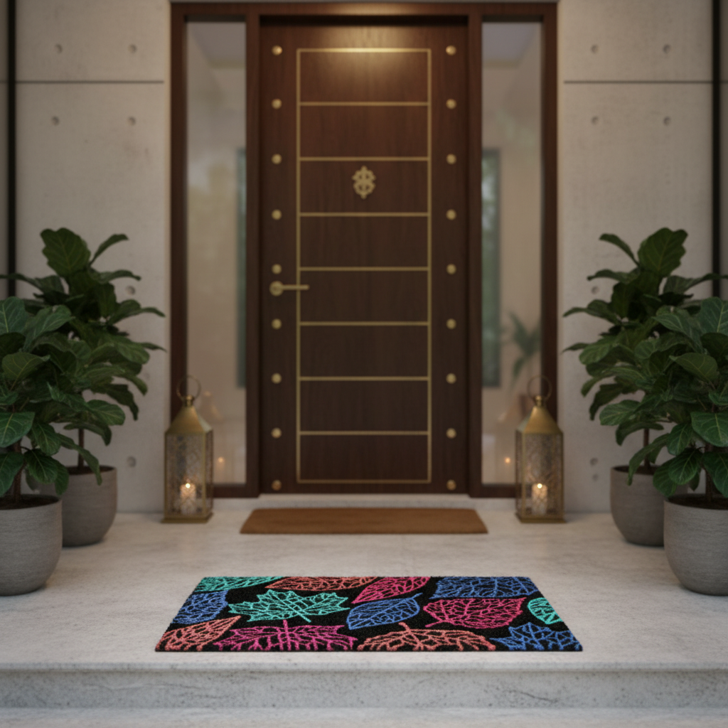 ओनलीमैट मल्टी कलर लीफ प्रिंटेड ब्लैक नेचुरल कॉयर डोर मैट