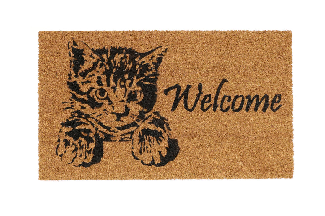 Doormat with a cat illustration and 'Welcome' text on a brown background