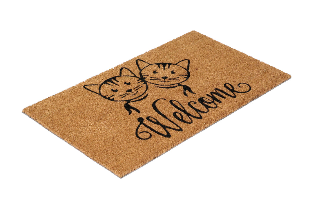 Doormat with cat designs and 'Welcome' text on a white background