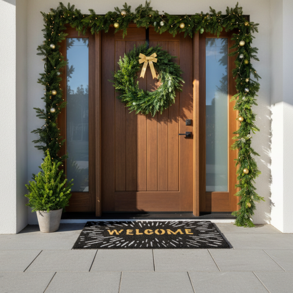 ओनलीमैट एलिगेंट "वेलकम" फेस्टिवल फायरवर्क्स ग्लिटर स्टाररी स्काई नेचुरल कॉयर ब्लैक डोर मैट