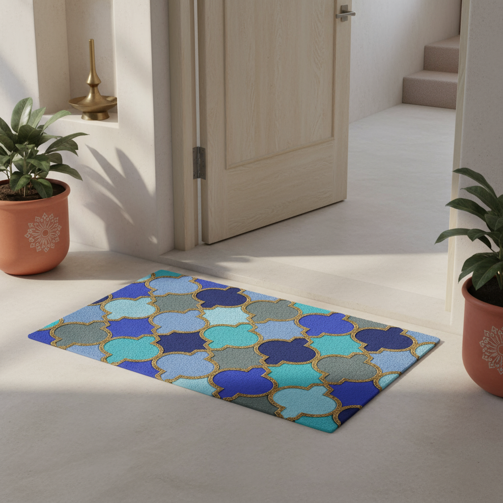 Decorative coir glitter doormat with a geometric pattern in a home setting