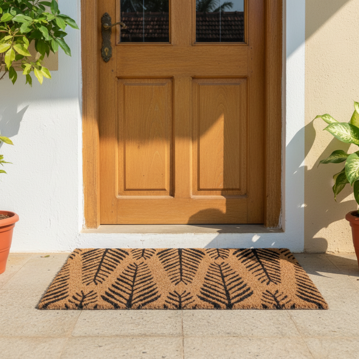 Coir Doormat with leaf pattern in front of a wooden door on a sunny day