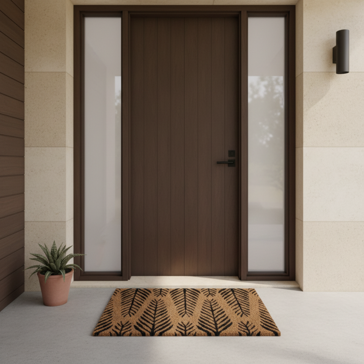 Modern front door with glass panels and a coir doormat on a neutral exterior wall.