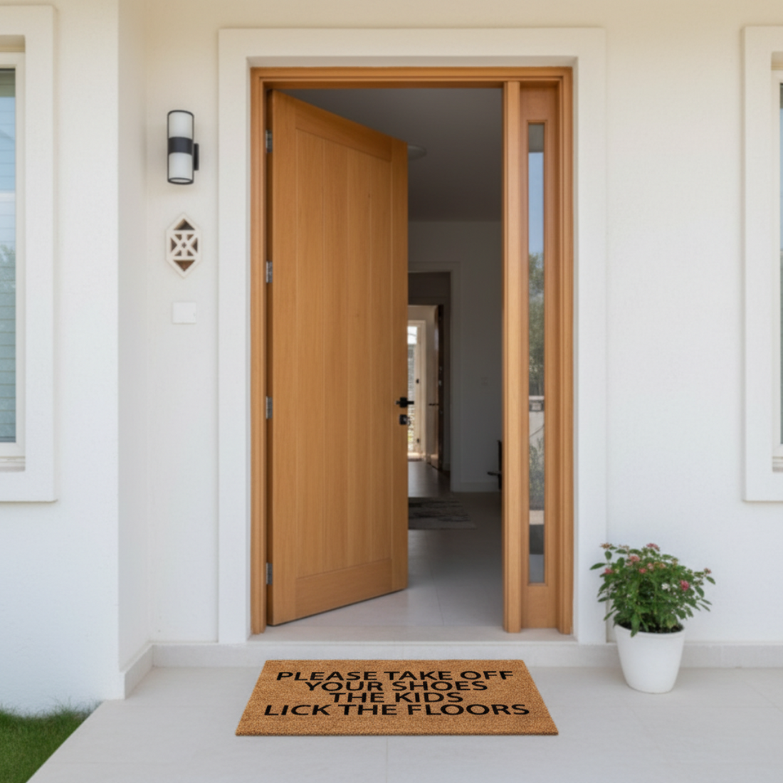 Wooden door open to a house interior with a humorous coir doormat on the floor.
