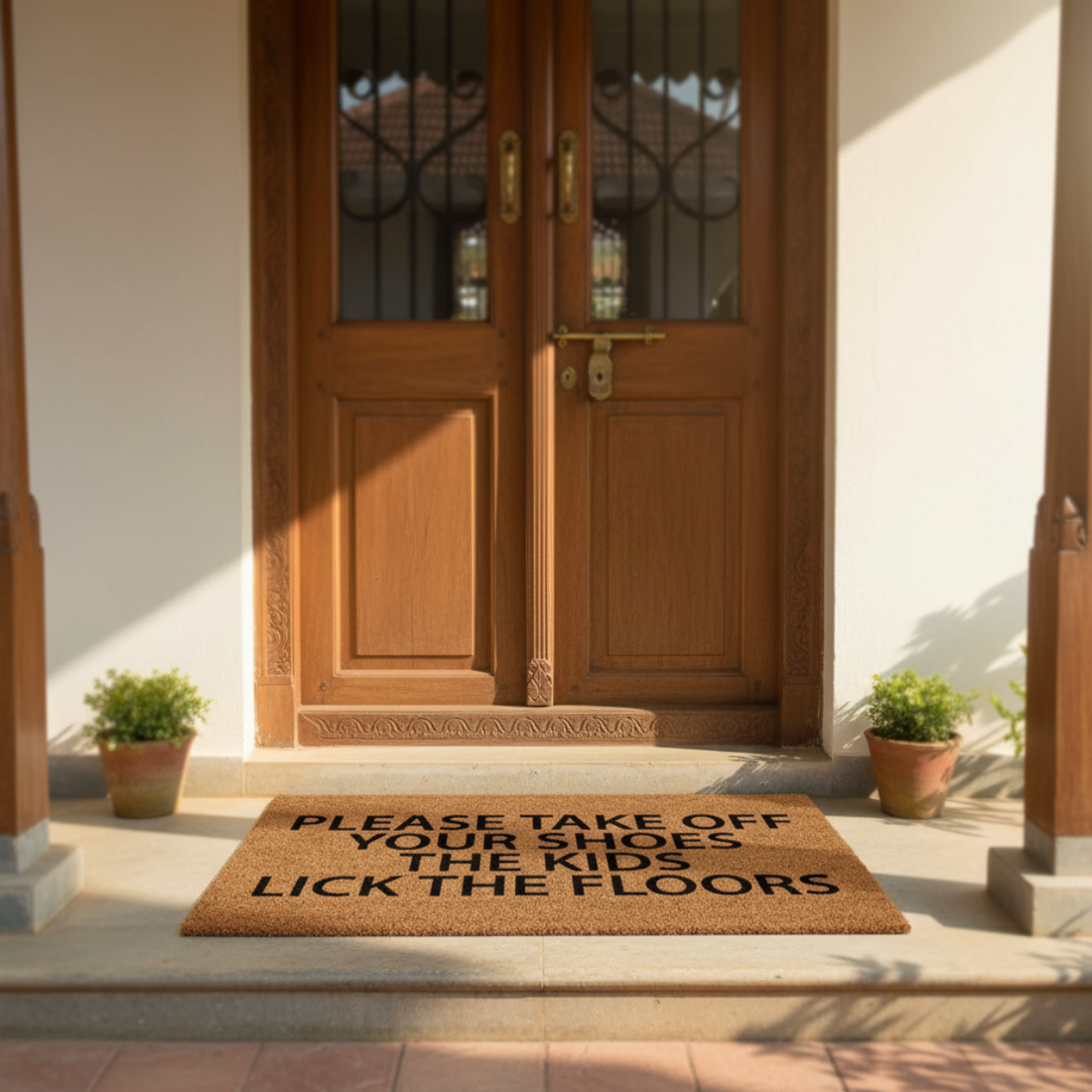 Coir Doormat with humorous text in front of a wooden door on a porch.