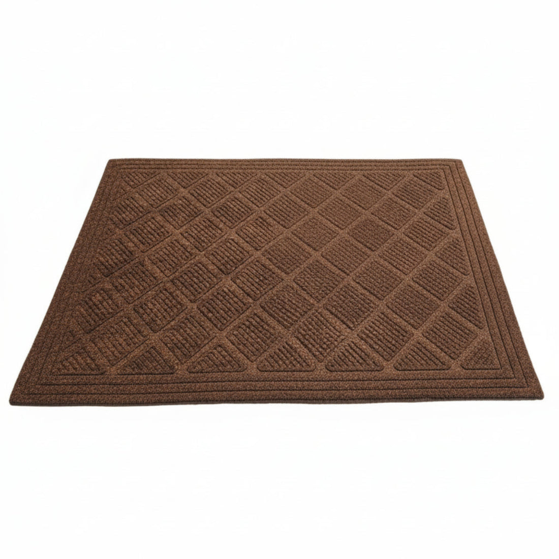 Brown doormat with feet stepping onto it on a white background