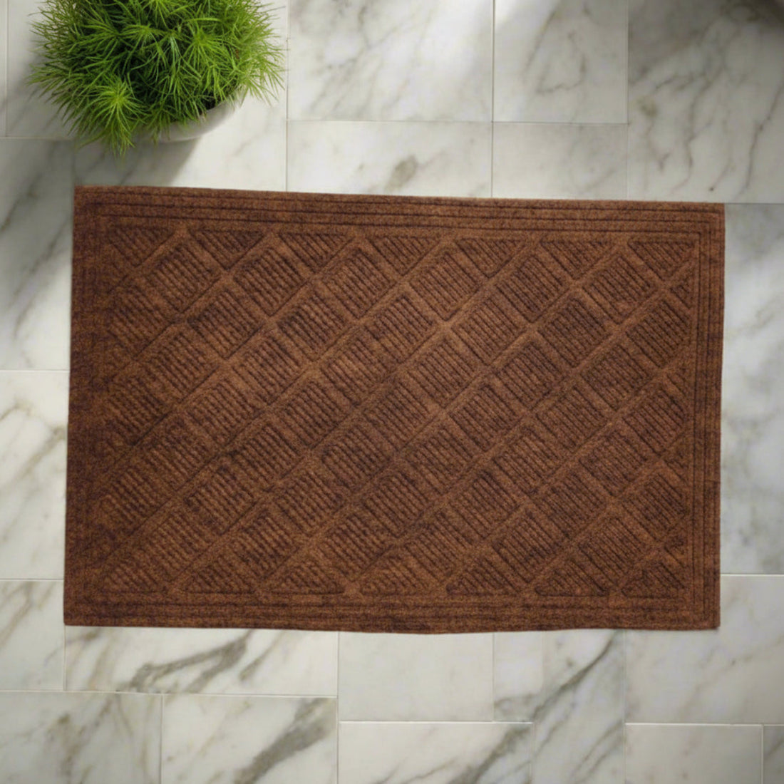 Brown doormat with diamond pattern on a marble floor