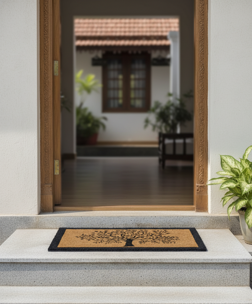 OnlyMat Elegant Tree Silhouette & Black Border Coir Doormat with Anti-Slip Backing