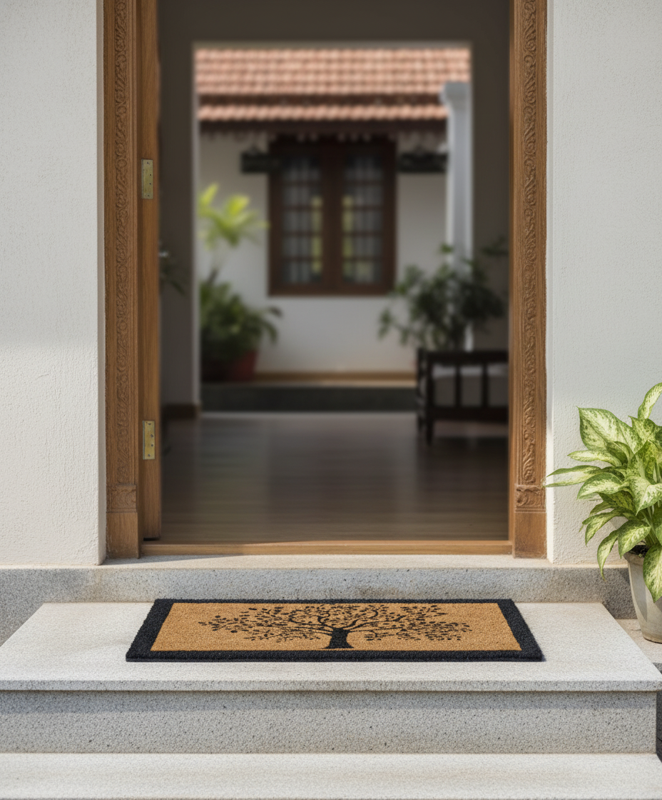 OnlyMat Elegant Tree Silhouette & Black Border Coir Doormat with Anti-Slip Backing