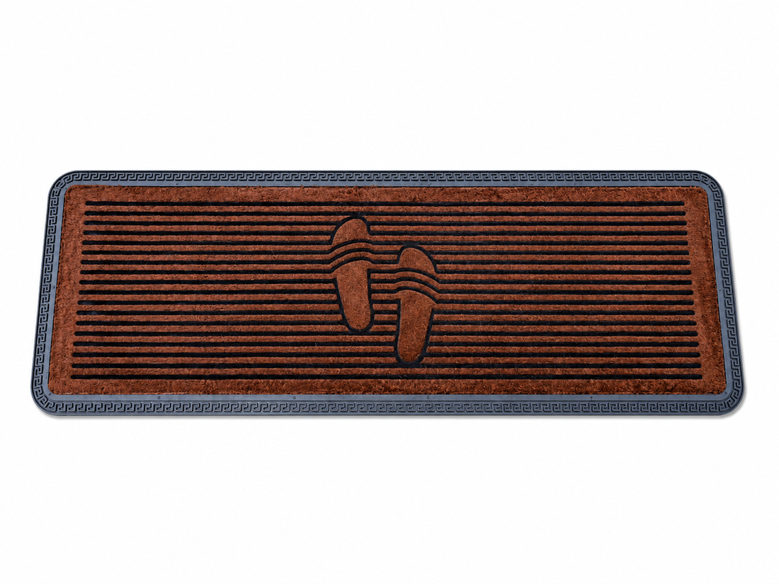 Doormat with footprints on a brown and blue striped background